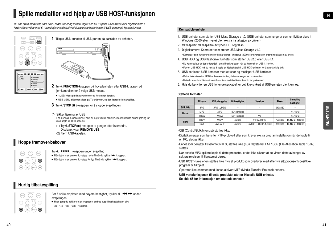 Samsung HT-THX25R/XEE Hoppe framover/bakover, Hurtig tilbakespilling, Trykk -knappen under avspilling, Kompatible enheter 