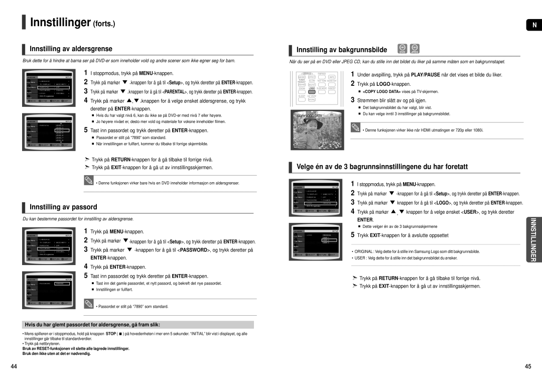 Samsung HT-THX25R/XEE, HT-THX22R/XEE manual Innstillinger forts, Innstilling av aldersgrense, Innstilling av passord 