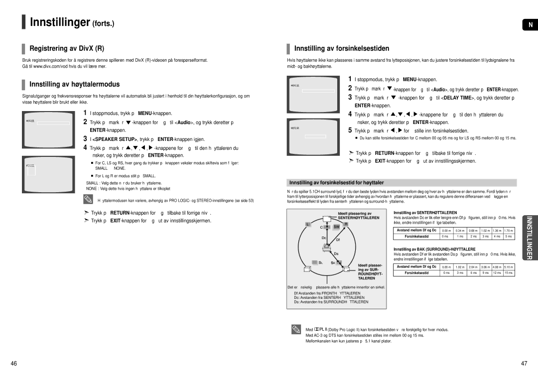 Samsung HT-THX22R/XEE manual Registrering av DivX R Innstilling av høyttalermodus, Innstilling av forsinkelsestiden 