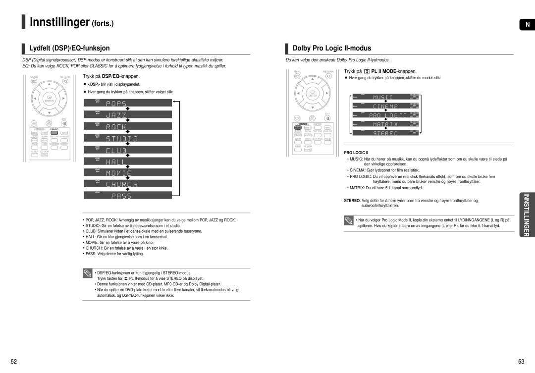 Samsung HT-THX25R/XEE, HT-THX22R/XEE manual Lydfelt DSP/EQ-funksjon, Dolby Pro Logic II-modus, Trykk på DSP/EQ-knappen 