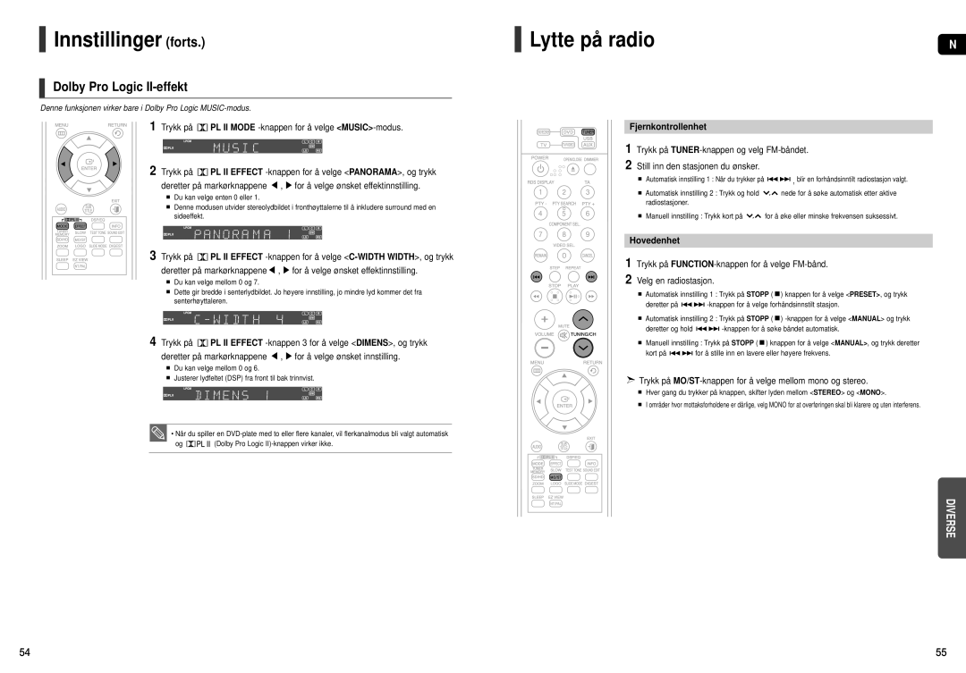 Samsung HT-THX22R/XEE, HT-THX25R/XEE manual Lytte på radio, Dolby Pro Logic II-effekt, Fjernkontrollenhet, Hovedenhet 