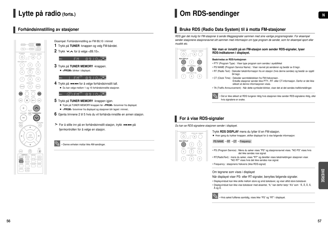 Samsung HT-THX25R/XEE Lytte på radio forts, Om RDS-sendinger, Forhåndsinnstilling av stasjoner, For å vise RDS-signaler 