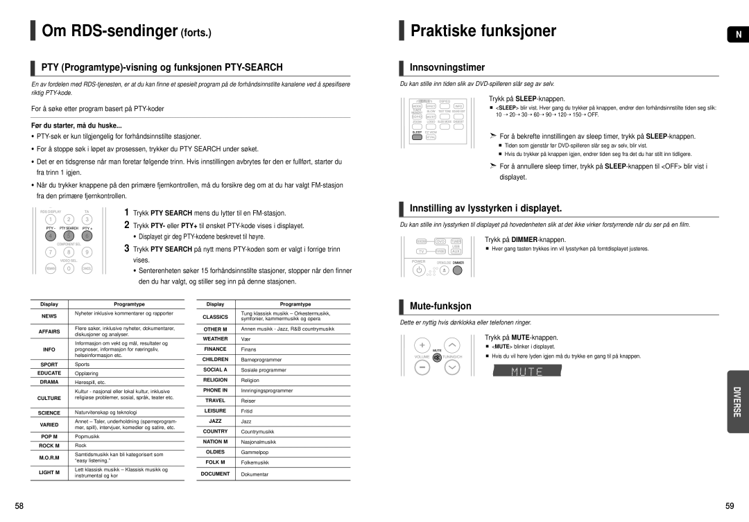 Samsung HT-THX22R/XEE, HT-THX25R/XEE manual Om RDS-sendinger forts, Praktiske funksjoner 