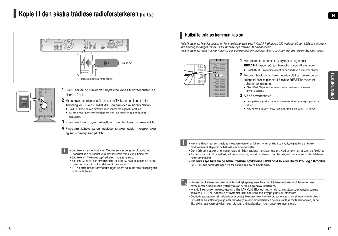 Samsung HT-THX25R/XEE Nullstille trådløs kommunikasjon, Med den trådløse mottakermodulen slått av, bruker du en, TX-kortet 