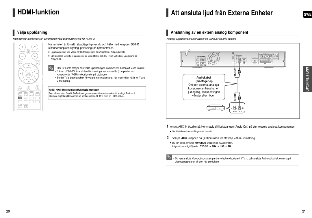 Samsung HT-THX25R/XEE, HT-THX22R/XEE HDMI-funktion, Att ansluta ljud från Externa Enheter, Välja upplösning, Medföljer ej 