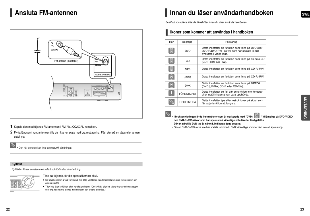 Samsung HT-THX22R/XEE Ansluta FM-antennen, Innan du läser användarhandboken, Ikoner som kommer att användas i handboken 