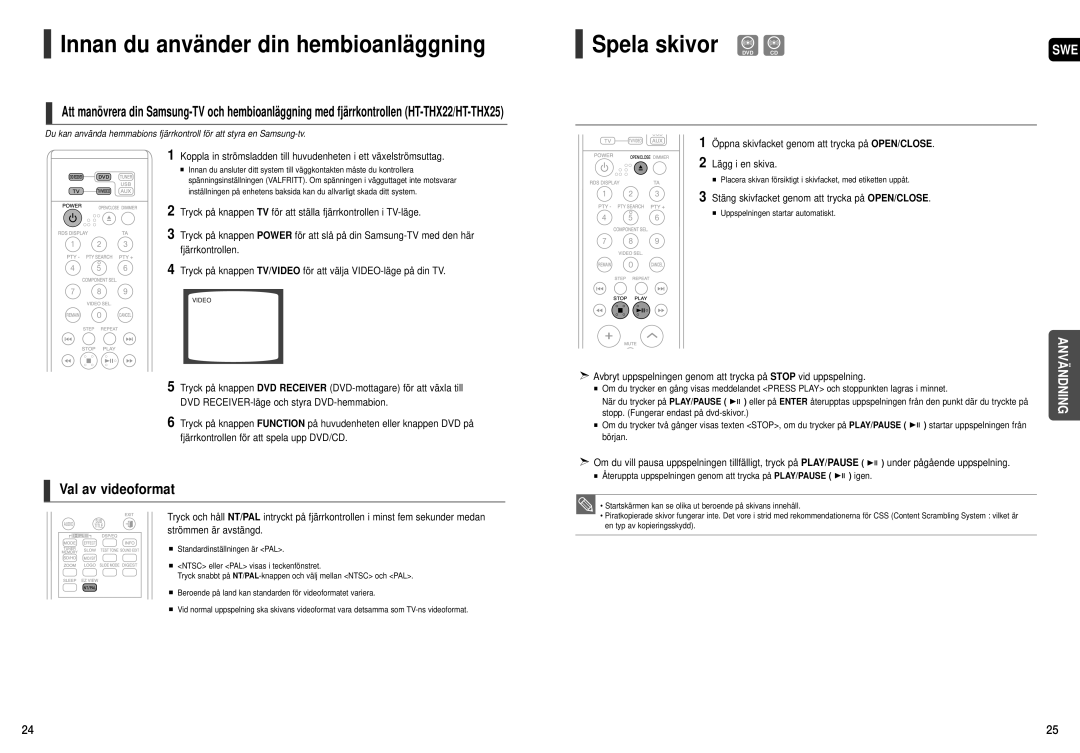 Samsung HT-THX25R/XEE, HT-THX22R/XEE manual Innan du använder din hembioanläggning, Spela skivor DVD CD, Val av videoformat 