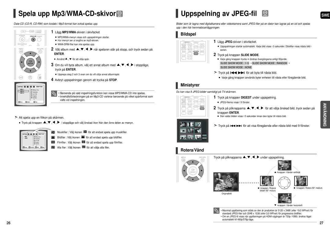 Samsung HT-THX22R/XEE Spela upp Mp3/WMA-CD-skivor MP3, Uppspelning av JPEG-fil Jpeg, Bildspel, Miniatyrer, Rotera/Vänd 