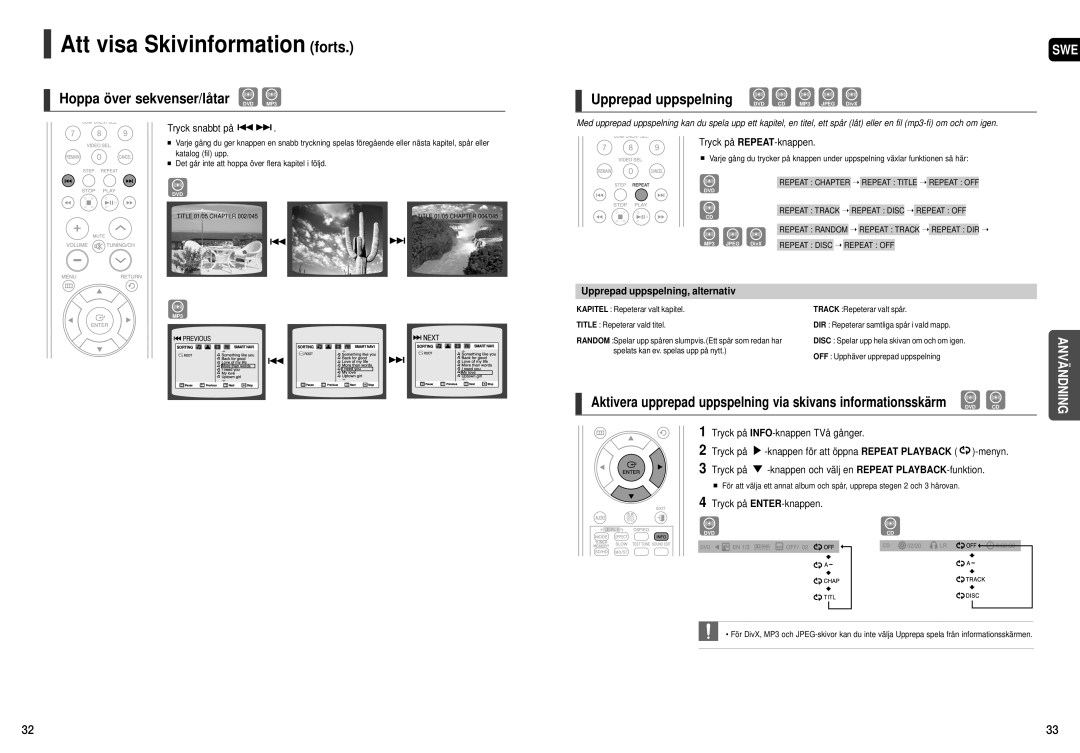 Samsung HT-THX25R/XEE Att visa Skivinformation forts, Hoppa över sekvenser/låtar DVD MP3, Upprepad uppspelning, alternativ 