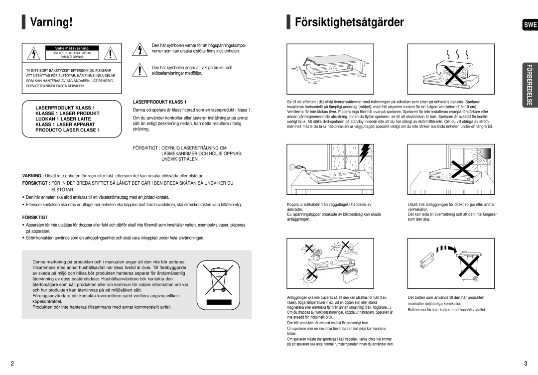 Samsung HT-THX22R/XEE, HT-THX25R/XEE manual Varning FörsiktighetsåtgärderSWE, Säkerhetsvarning 