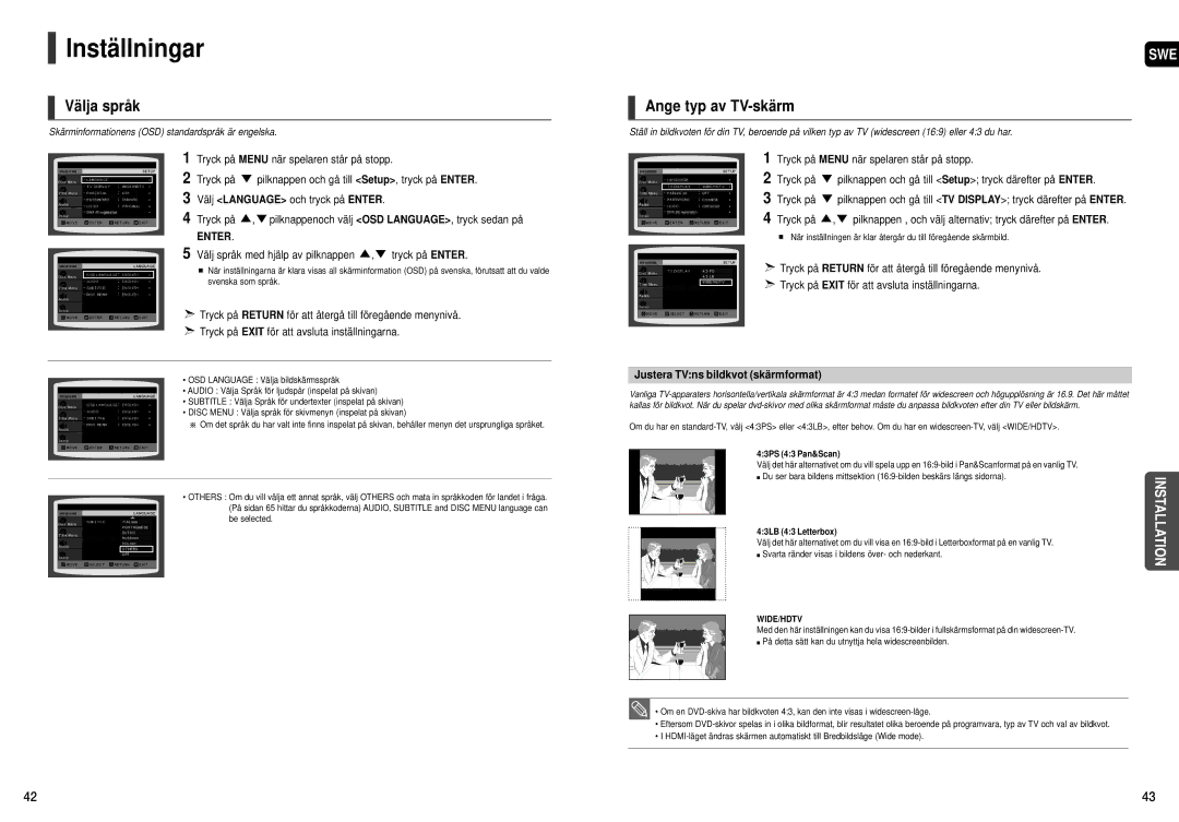 Samsung HT-THX22R/XEE, HT-THX25R/XEE Inställningar, Välja språk, Ange typ av TV-skärm, Justera TVns bildkvot skärmformat 