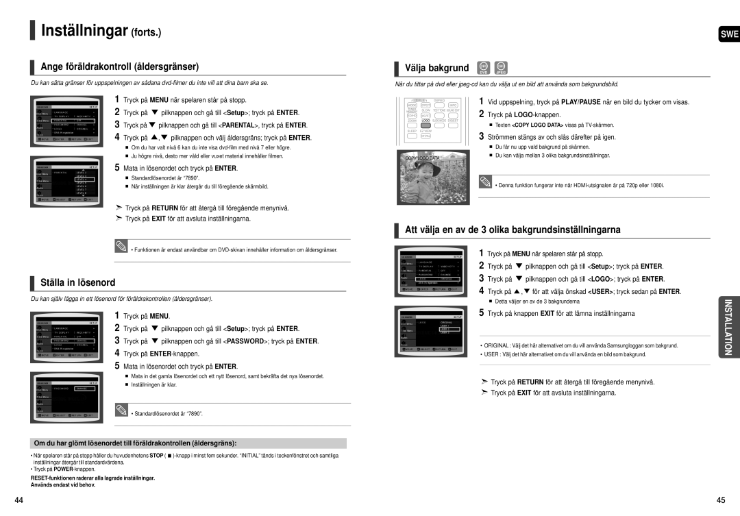 Samsung HT-THX25R/XEE manual Inställningar forts, Ange föräldrakontroll åldersgränser, Välja bakgrund, Ställa in lösenord 