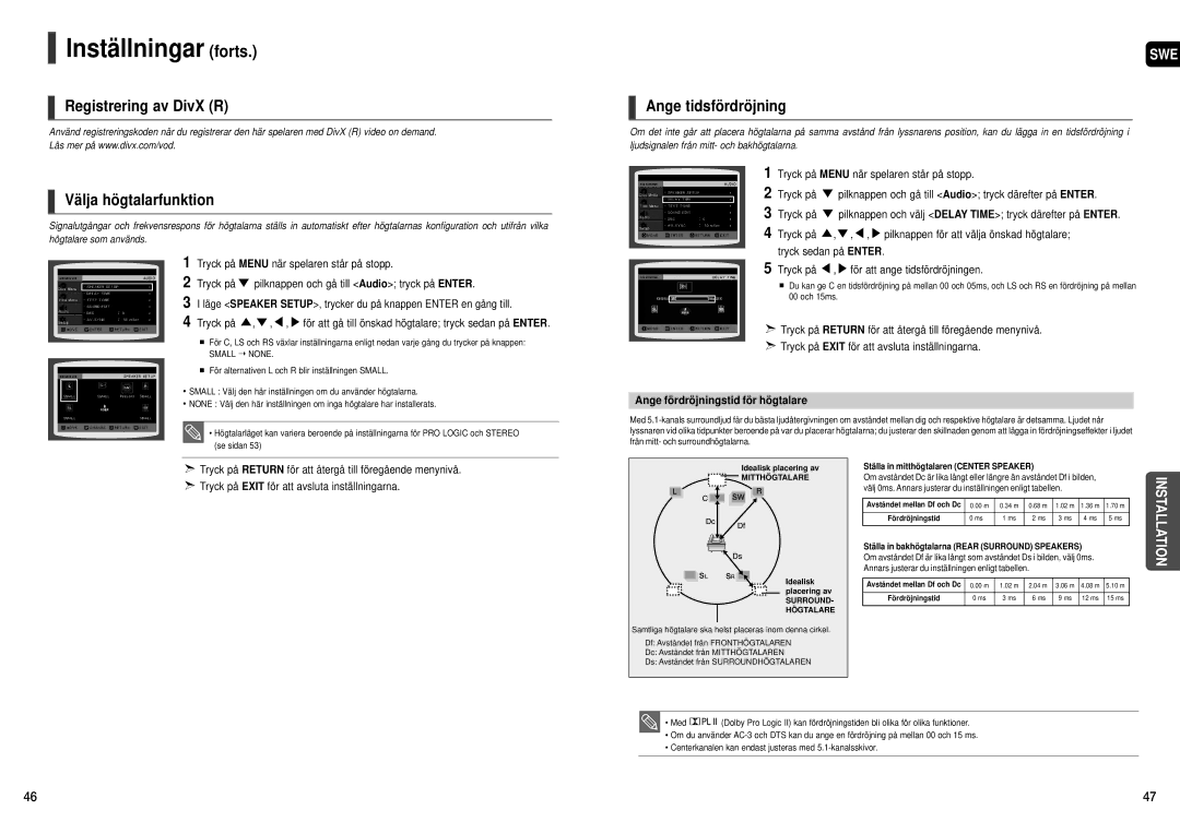 Samsung HT-THX22R/XEE, HT-THX25R/XEE manual Registrering av DivX R Välja högtalarfunktion, Ange tidsfördröjning 