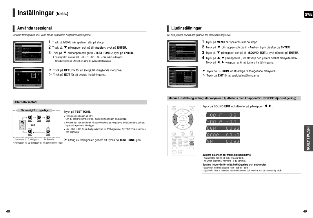 Samsung HT-THX25R/XEE, HT-THX22R/XEE manual Använda testsignal, Ljudinställningar, Alternativ metod 