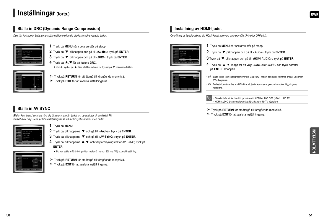 Samsung HT-THX22R/XEE manual Ställa in DRC Dynamic Range Compression, Ställa in AV Sync, Inställning av HDMI-ljudet 