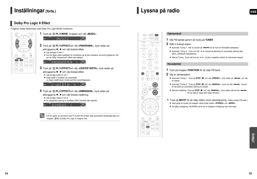 Samsung HT-THX22R/XEE, HT-THX25R/XEE manual Lyssna på radio, Dolby Pro Logic II Effect, Fjärrkontroll, Huvudenhet 