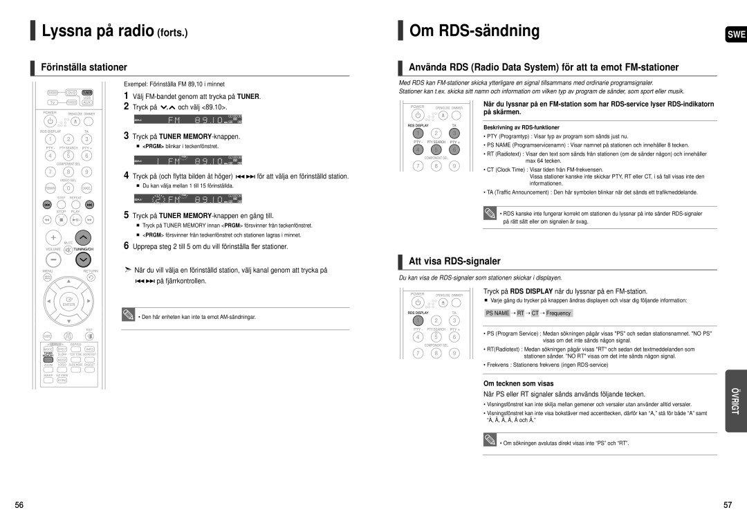 Samsung HT-THX25R/XEE, HT-THX22R/XEE Lyssna på radio forts, Om RDS-sändning, Förinställa stationer, Att visa RDS-signaler 