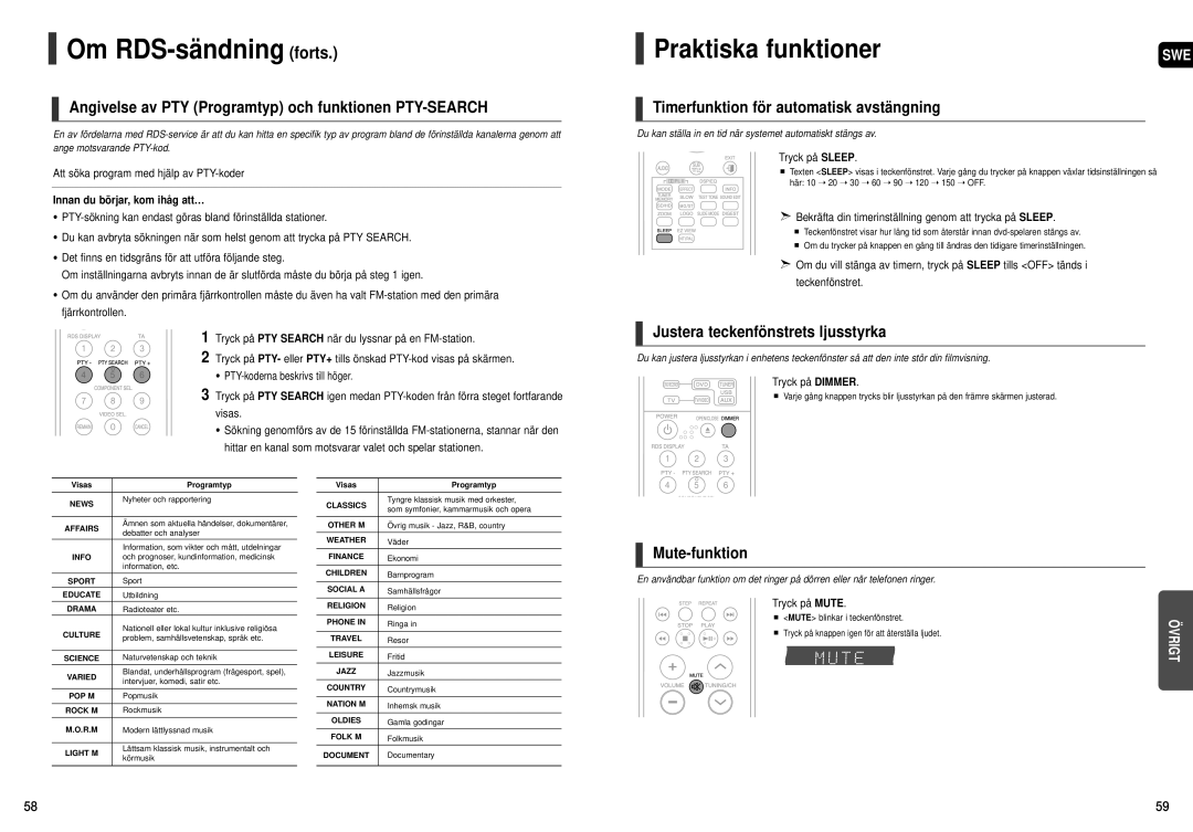 Samsung HT-THX22R/XEE manual Praktiska funktioner, Angivelse av PTY Programtyp och funktionen PTY-SEARCH, Mute-funktion 