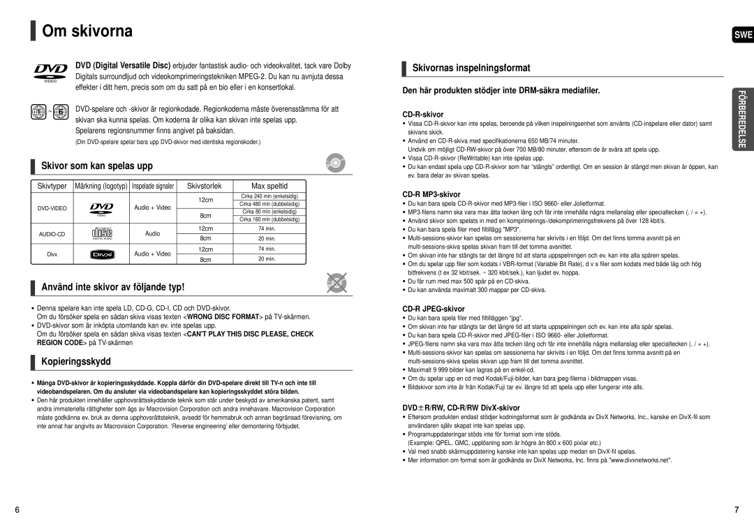 Samsung HT-THX22R/XEE manual Om skivorna, Skivor som kan spelas upp, Använd inte skivor av följande typ, Kopieringsskydd 