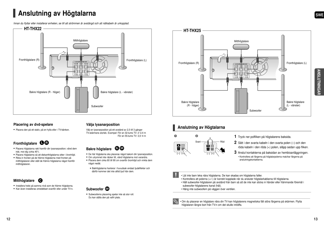 Samsung HT-THX25R/XEE, HT-THX22R/XEE manual Anslutning av Högtalarna 