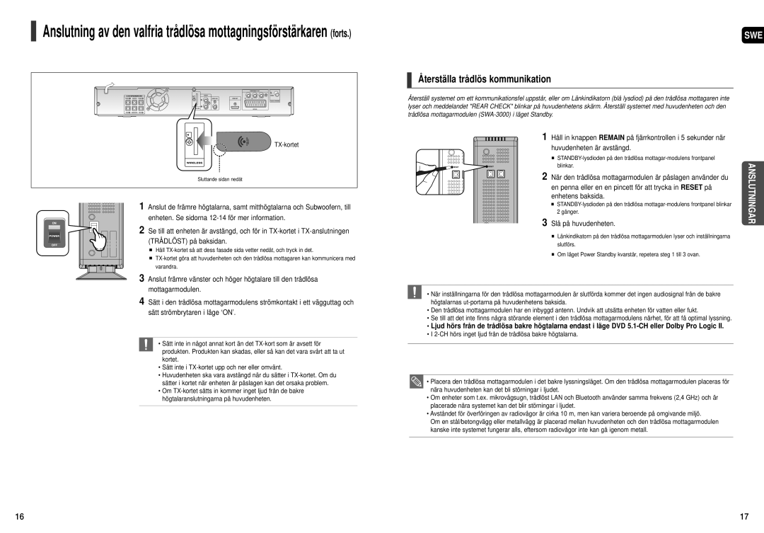 Samsung HT-THX25R/XEE, HT-THX22R/XEE manual Återställa trådlös kommunikation, Slå på huvudenheten, Gånger 