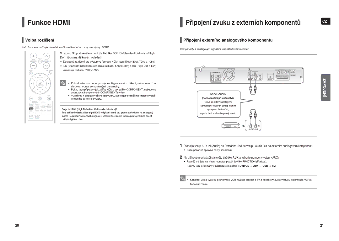 Samsung HT-THX22R/XEO manual Funkce Hdmi, Připojení zvuku z externích komponentů, Volba rozlišení, Kabel Audio 