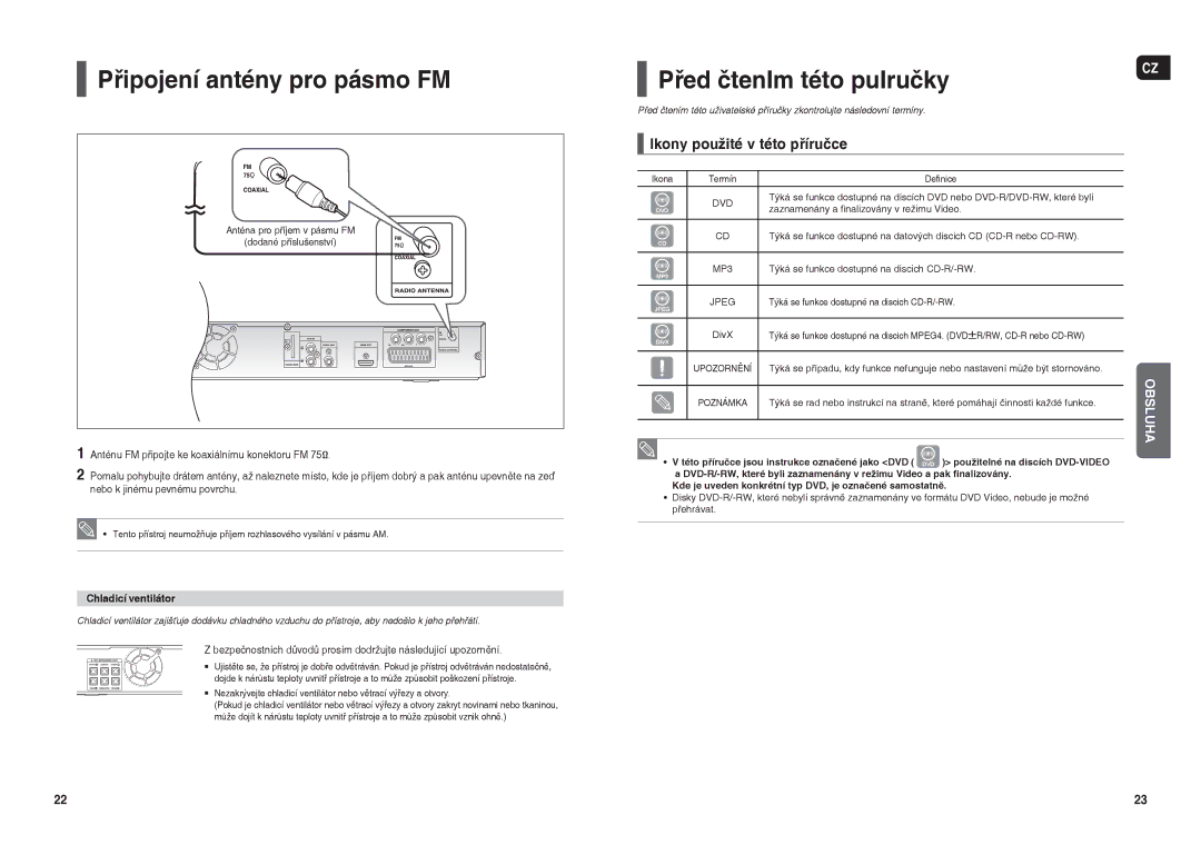 Samsung HT-THX22R/XEO manual Připojení antény pro pásmo FM, Před čtenIm této puIručky, Ikony použité v této příručce 