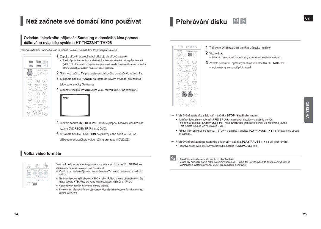 Samsung HT-THX22R/XEO manual Než začnete své domácí kino používat, Přehrávání disku, Volba video formátu 