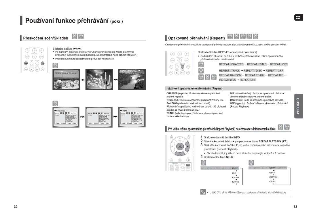 Samsung HT-THX22R/XEO Používaní funkce přehrávání pokr, Přeskočení scén/Skladeb, Možnosti opakovaného přehrávání Repeat 