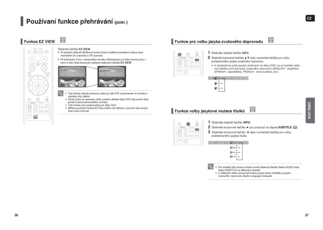 Samsung HT-THX22R/XEO manual Funkce EZ View, Funkce volby jazykové mutace titulků, Stiskněte tlačítko EZ View 