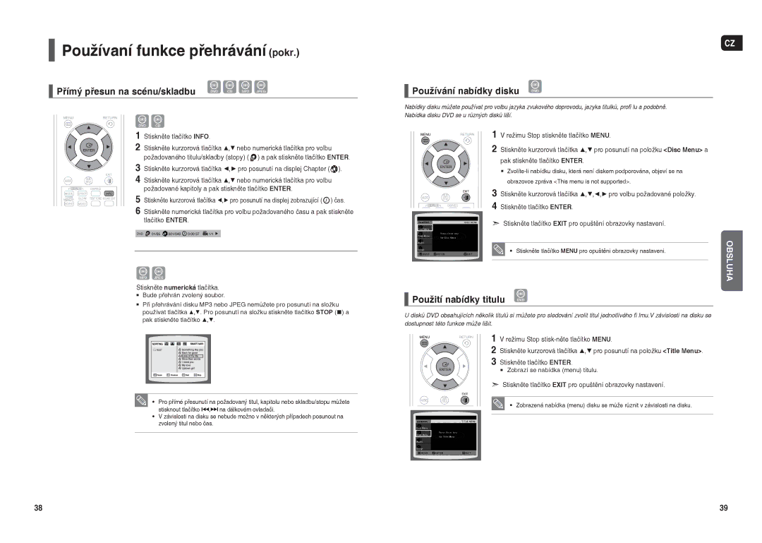 Samsung HT-THX22R/XEO manual Přímý přesun na scénu/skladbu, Používání nabídky disku, Použití nabídky titulu, Tlačítko Enter 