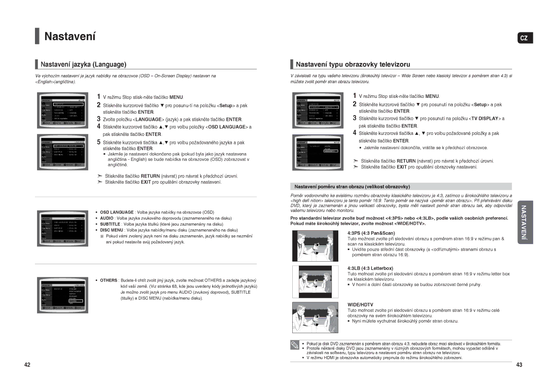 Samsung HT-THX22R/XEO manual Nastavení jazyka Language, Nastavení typu obrazovky televizoru, 43LB 43 Letterbox 