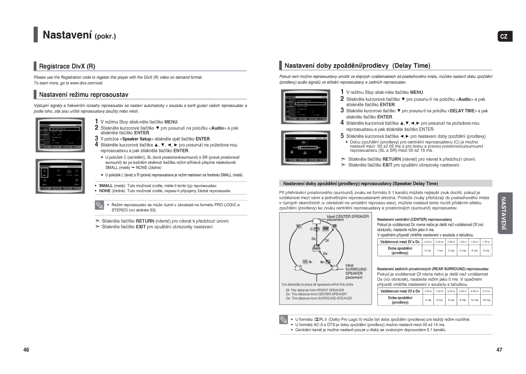 Samsung HT-THX22R/XEO manual Registrace DivX R Nastavení režimu reprosoustav, Nastavení doby zpoždění/prodlevy Delay Time 