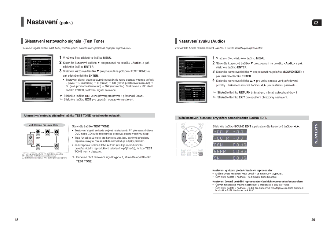 Samsung HT-THX22R/XEO manual SNastavení testovacího signálu Test Tone, Nastavení zvuku Audio, Stiskněte tlačítko Test Tone 