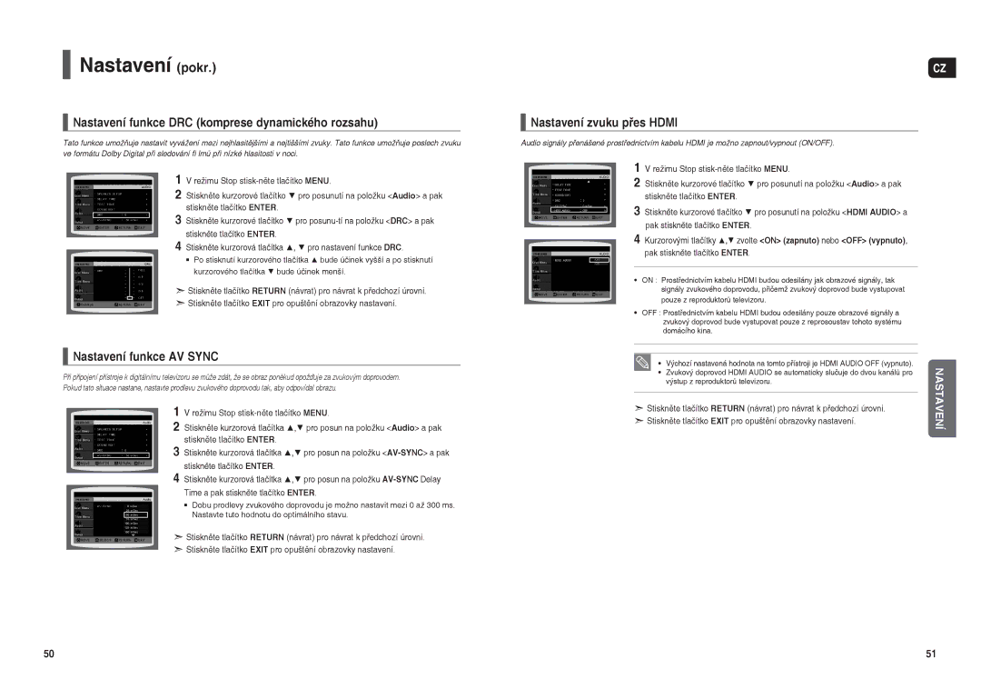 Samsung HT-THX22R/XEO manual Nastavení funkce DRC komprese dynamického rozsahu, Nastavení funkce AV Sync 