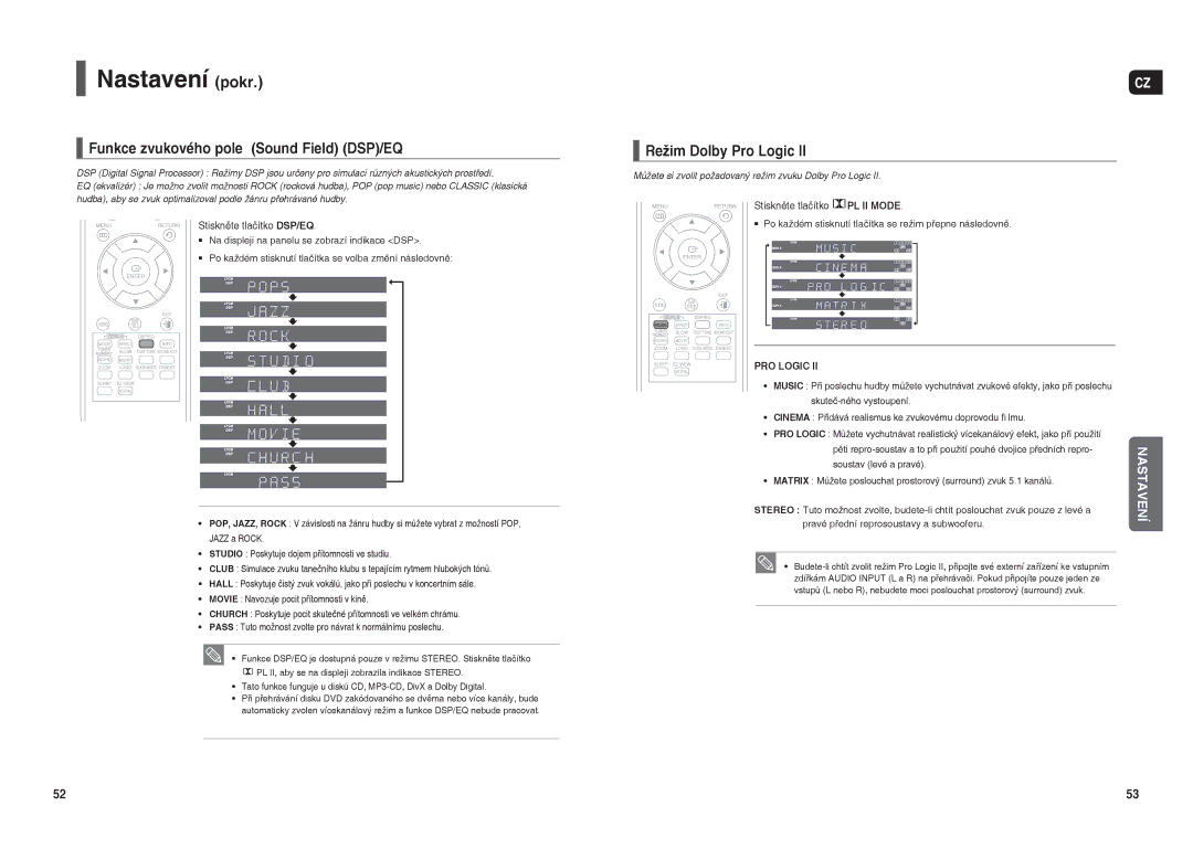 Samsung HT-THX22R/XEO manual Funkce zvukového pole Sound Field DSP/EQ, Režim Dolby Pro Logic, Stiskněte tlačítko DSP/EQ 