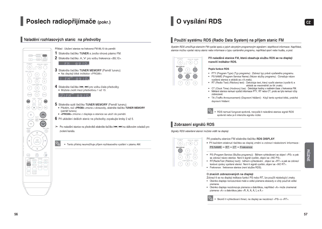 Samsung HT-THX22R/XEO manual Poslech radiopřijímače pokr, Vysílání RDS, Naladění rozhlasových stanic na předvolby 