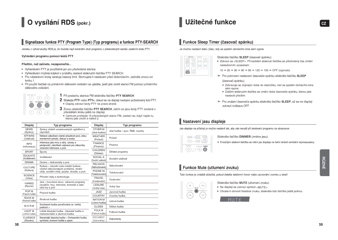 Samsung HT-THX22R/XEO manual Vysílání RDS pokr, Užitečné funkce, Funkce Sleep Timer časovač spánku, Nastavení jasu displeje 