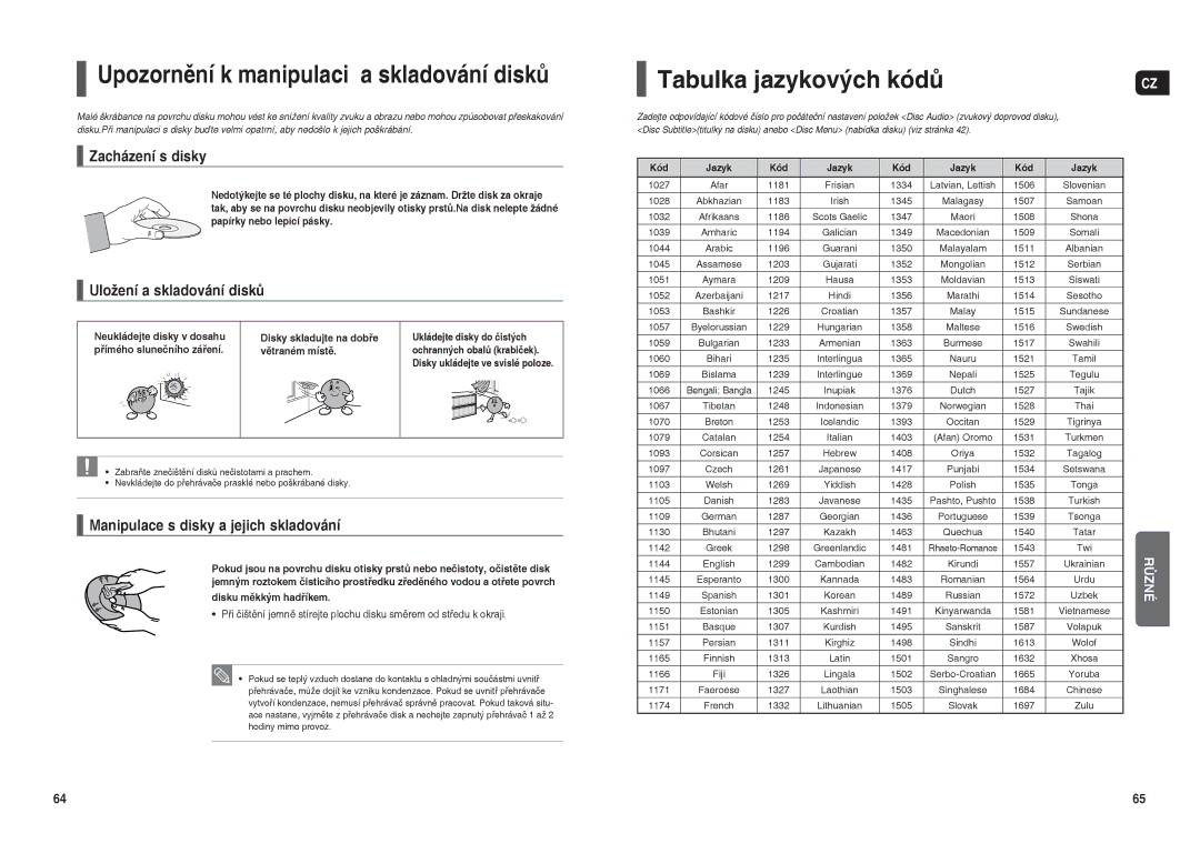 Samsung HT-THX22R/XEO manual Upozornění k manipulaci a skladování disků, Tabulka jazykových kódů, Zacházení s disky 