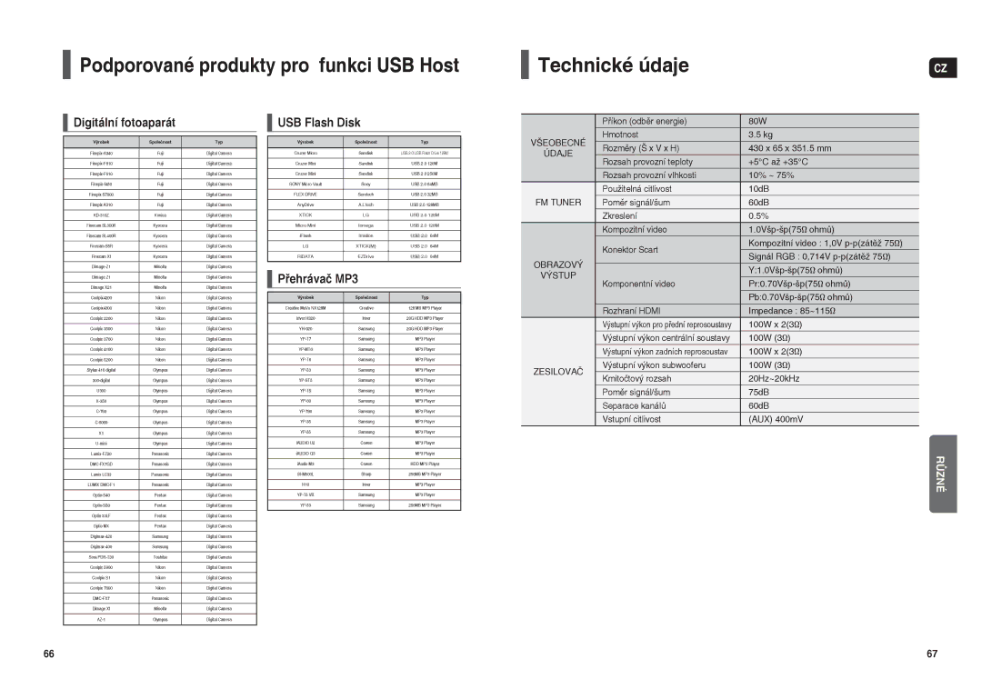 Samsung HT-THX22R/XEO manual Podporované produkty pro funkci USB Host Technické údaje, Digitální fotoaparát, USB Flash Disk 