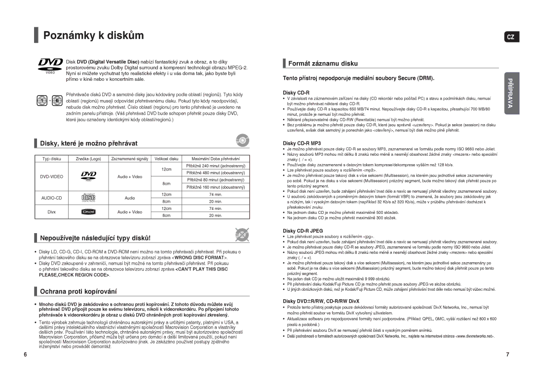 Samsung HT-THX22R/XEO manual Poznámky k diskům, Disky, které je možno přehrávat, Nepoužívejte následující typy disků 