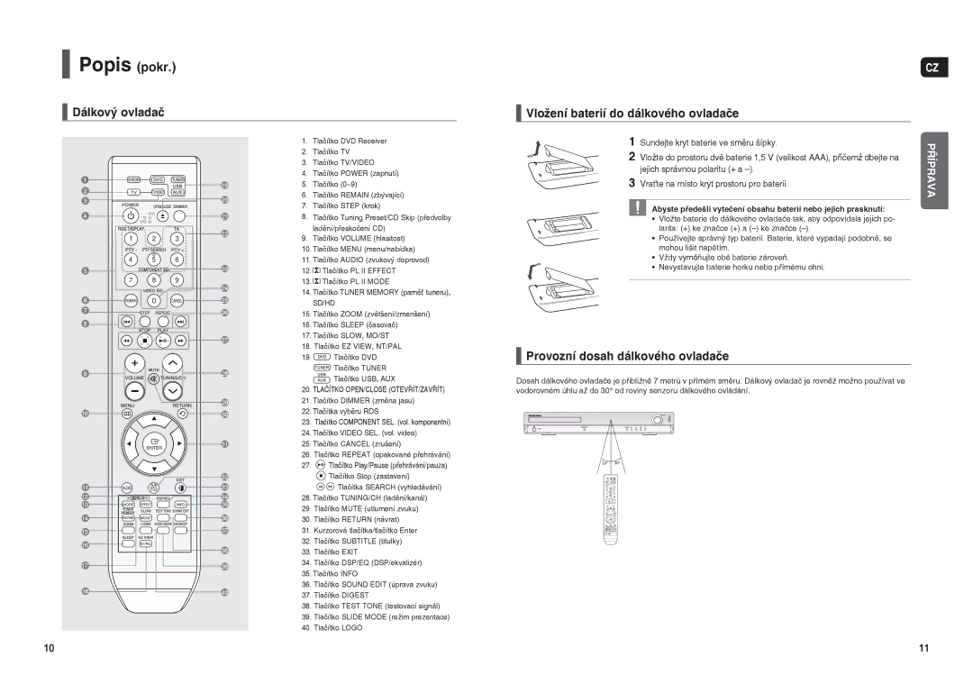 Samsung HT-THX22R/XEO manual Dálkový ovladač Vložení baterií do dálkového ovladače, Provozní dosah dálkového ovladače 