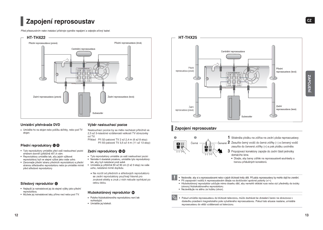 Samsung HT-THX22R/XEO manual Zapojení reprosoustav, Zasuňte do červené zdířky + a pak plošku uvolněte, Domácího kina 