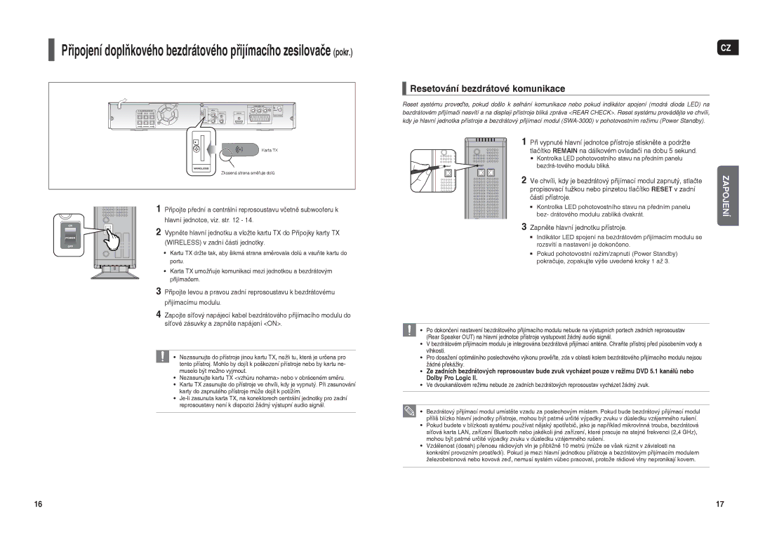 Samsung HT-THX22R/XEO manual Resetování bezdrátové komunikace, Zapněte hlavní jednotku přístroje 