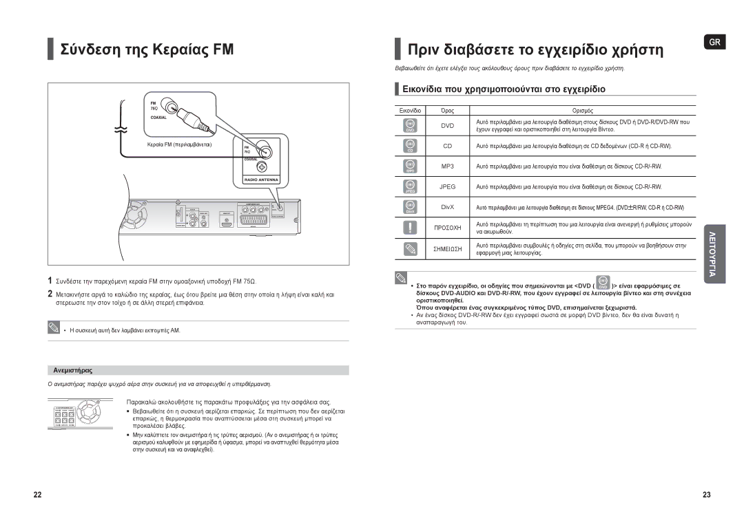 Samsung HT-THX22R/XEO manual Σύνδεση της Κεραίας FΜ, Πριν διαβάσετε το εγχειρίδιο χρήστη, Ανεμιστήρας 