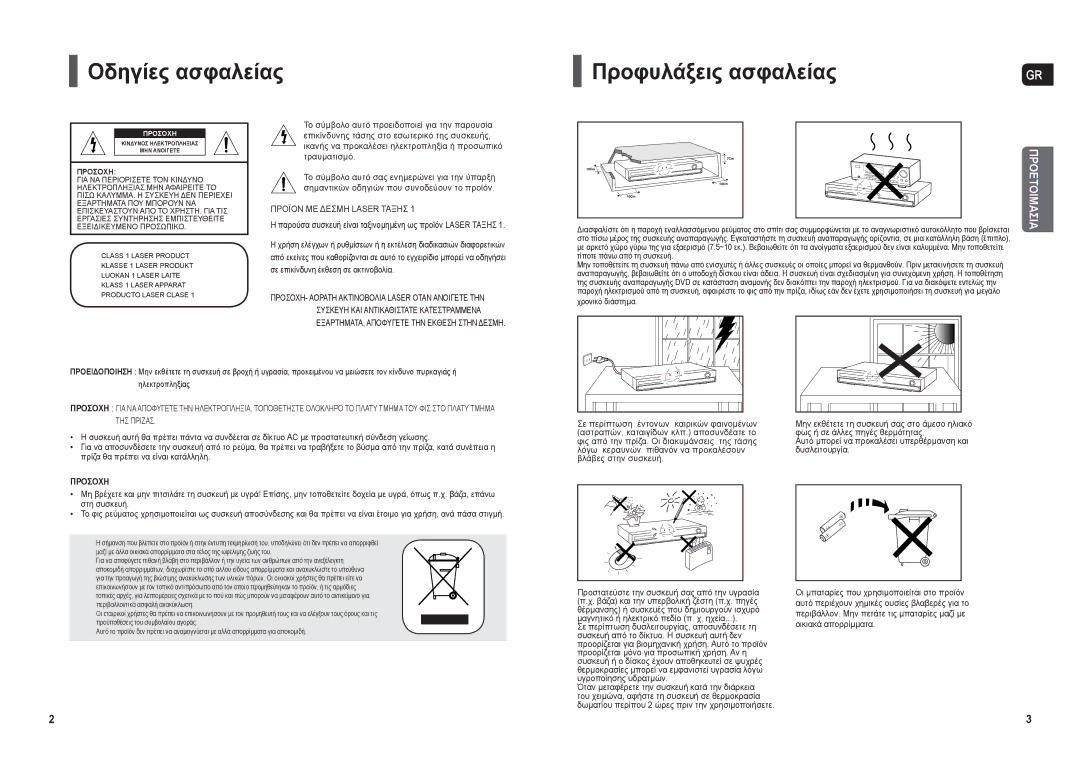 Samsung HT-THX22R/XEO manual Οδηγίες ασφαλείας Προφυλάξεις ασφαλείας 