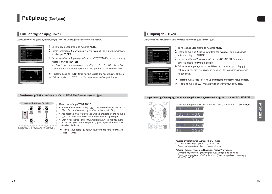 Samsung HT-THX22R/XEO manual Ρύθμιση της Δοκιμής Τόνου, Ρύθμιση του Ήχου, Πιέστε το πλήκτρο Test Τονε 