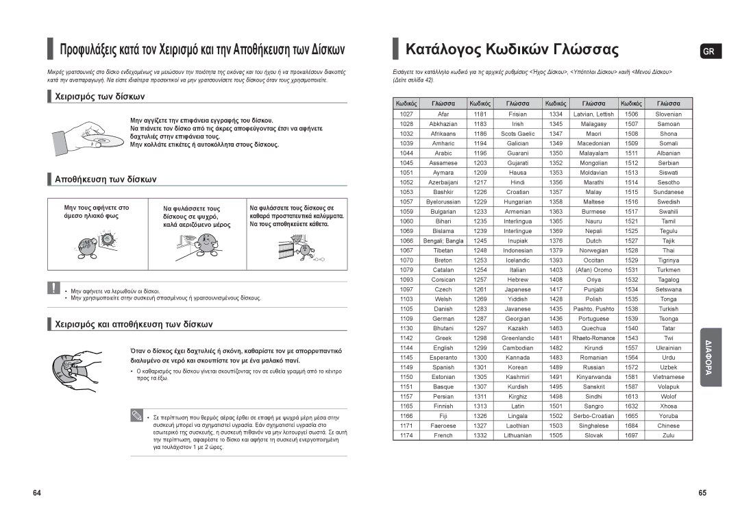 Samsung HT-THX22R/XEO manual Κατάλογος Κωδικών Γλώσσας, Χειρισμός των δίσκων, Αποθήκευση των δίσκων 