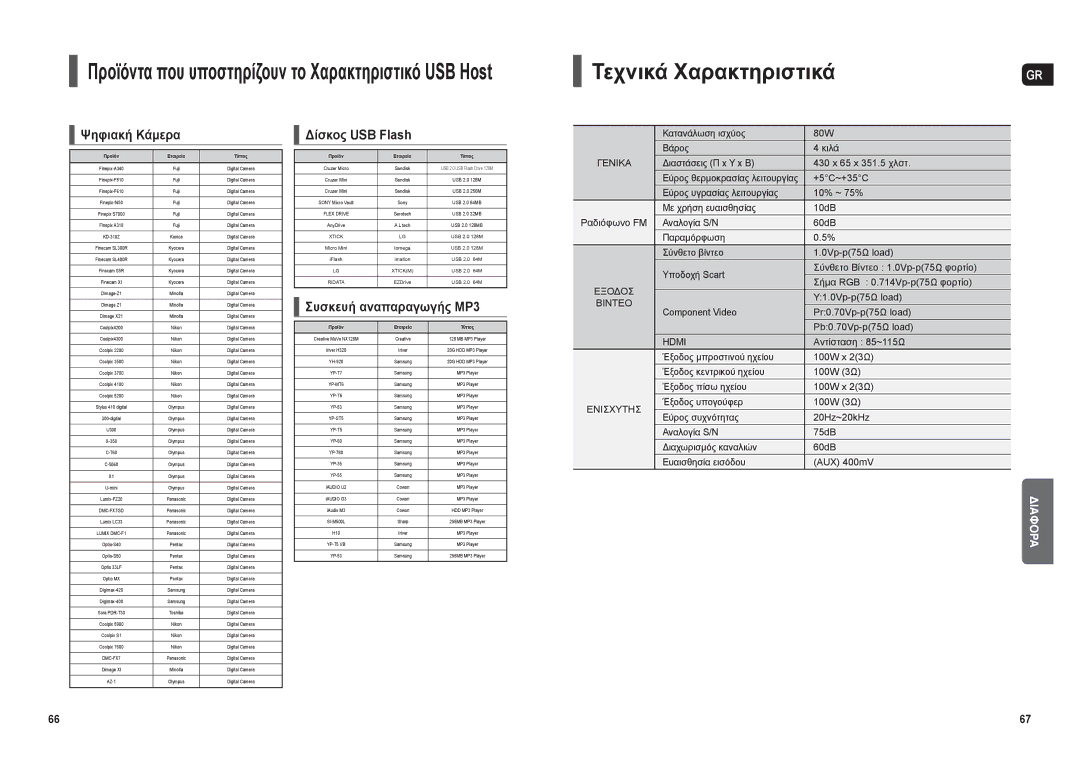 Samsung HT-THX22R/XEO manual Τεχνικά Χαρακτηριστικά, Ψηφιακή Κάμερα, Δίσκος USB Flash, Συσκευή αναπαραγωγής MP3 