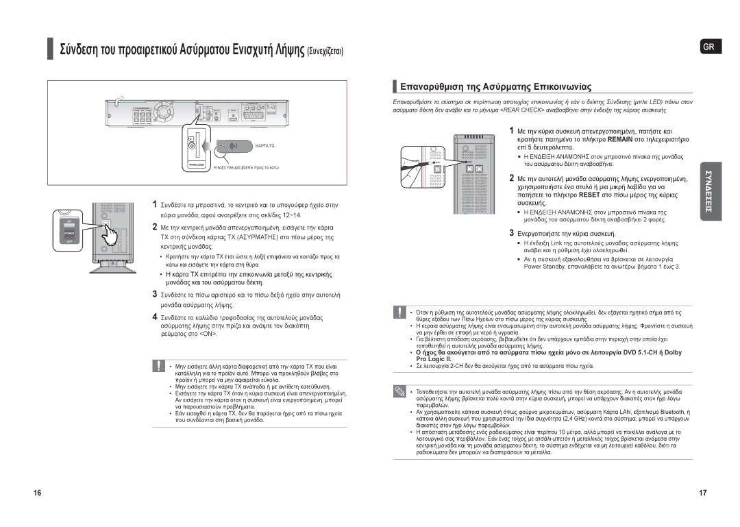 Samsung HT-THX22R/XEO manual Επαναρύθμιση της Ασύρματης Επικοινωνίας, Χρησιμοποιήστε ένα στυλό ή μια μικρή λαβίδα για να 